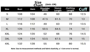Detailed size chart for outdoor jacket with measurements for S to 4XL in centimeters
