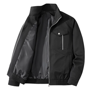 Men's black casual flight jacket with stand collar and zipper pocket detail