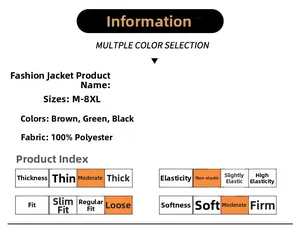 Size chart and material specs for the 100% polyester men's casual flight jacket