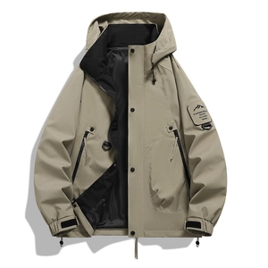 Men's khaki hooded windbreaker jacket with zipper pockets for outdoor hiking and casual wear