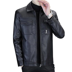 Men's slim fit black faux leather jacket with classic lapel collar and zip closure