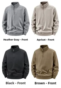 Four colors of half-zip fleece sweatshirts: Heather Grey, Apricot, Black, and Brown