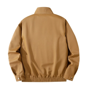 Men's khaki stand collar military bomber jacket shown from the back view