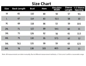 Detailed size guide table for men's jackets covering sizes from M to 6XL with measurements