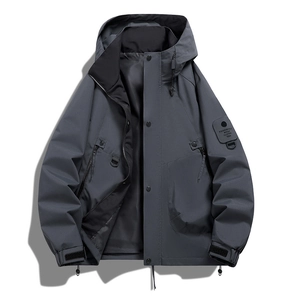 Men's dark gray hooded windbreaker jacket with zip closure and adjustable cuffs for outdoors