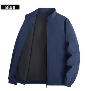 Detail view of navy blue windproof jacket featuring smooth zipper and elastic cuffs