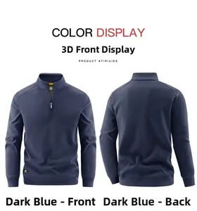 Navy blue fleece sweatshirt detail showing standing collar and ribbed cuffs design