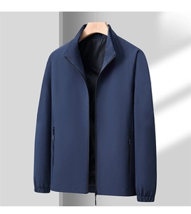 Detail of dark blue stand collar jacket featuring zipper pockets and elastic cuffs