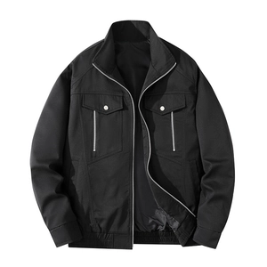 Men's black casual work jacket with stand collar and metal button pocket detailing