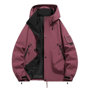 Waterproof hooded windbreaker jacket in burgundy with adjustable cuffs and mountain patch