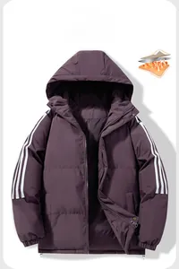 Detail of hooded padded jacket in purple with 3D cutting and thermal layer structure