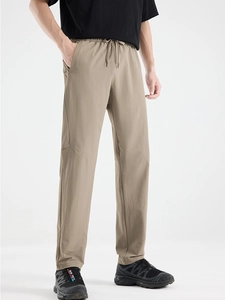 Men's khaki ice silk trousers with elastic waist and straight cut for summer sports