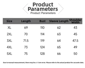 Size chart for men winter puffer jacket showing parameters from XL up to 5XL in centimeters