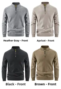 Front view of men fleece sweatshirt in heather grey, apricot, black and brown colors