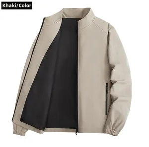 Detailed close-up of khaki jacket with zipper pockets, stand collar and elastic cuffs