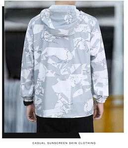 Rear view of casual sun protection jacket featuring hooded design and geometric camo print