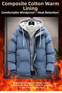 Close-up of blue hooded puffer jacket featuring a warm composite cotton thermal lining