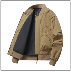 Detail of khaki men's flight jacket showing ribbed cuffs, collar, and smooth zipper closure
