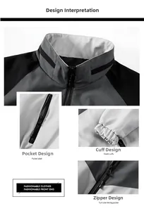 Detail of grey and black color-block sports jacket with stand collar and zipper pockets