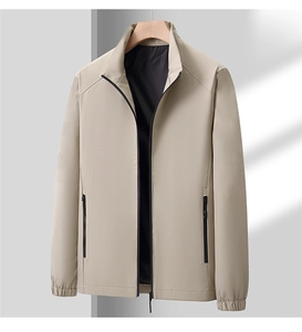 Detailed view of lightweight stand collar jacket with black zipper and ribbed cuffs
