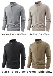 Detail view of four casual half-zip fleece jackets in grey, beige, black, and brown colors