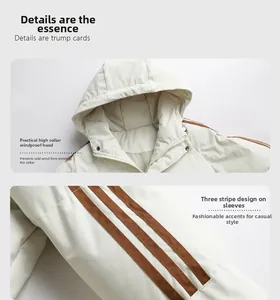 Close-up of windproof high-collar hood and three-stripe sleeve design on white padded coat