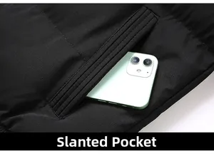 Detail of slant pocket on black winter jacket showing depth with a smartphone
