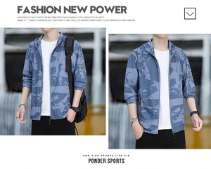 Detail of blue camo sun protection jacket with elastic cuffs and breathable fabric