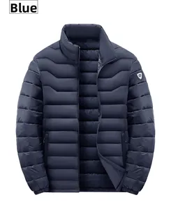 Detail view of navy blue padded jacket with horizontal quilting and a high collar