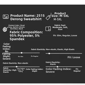 Detailed technical specification table for fleece hoodie showing size M-5XL and material