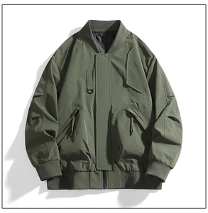 Detail of army green bomber jacket featuring a ribbed collar and tactical D-ring accent