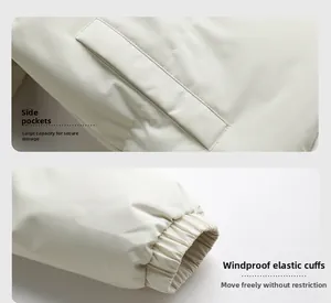 Detail of hooded jacket showing side flap pockets and elastic windproof cuffs for warmth