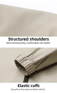 Detail of beige jacket featuring crisp shoulder seams and elastic windproof cuffs