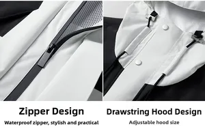 Detail view of waterproof zipper and adjustable drawstring system on the hooded jacket