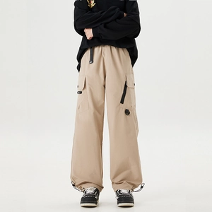 Men's khaki cargo pants with adjustable waist and drawstring cuffs in a loose casual style