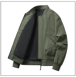 Close-up of utility cargo pocket and zip closure on army green bomber jacket