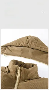 Detail showing the brown corduroy jacket's removable hood and stand collar design