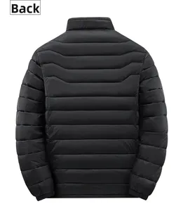 Back view of a men's black padded winter coat with windproof horizontal quilting pattern