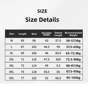 Detailed clothing size chart for winter fleece jacket showing measurements from M to 5XL