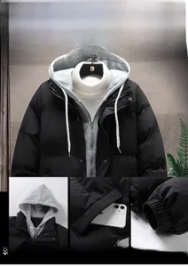 Detail view of hooded faux two-piece jacket featuring windproof cuffs and pockets
