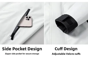 Detailed macro view of the zippered side pockets and adjustable velcro cuffs for windproofing