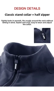 Detail of navy blue fleece jacket showing high collar and smooth anti-slip zipper