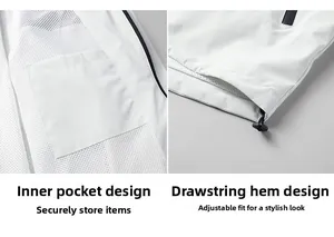 Detail of white waterproof jacket featuring mesh lining pocket and adjustable drawstring hem