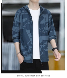 Detail of men's hooded sunscreen jacket featuring geometric print and elastic cuffs