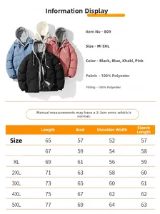 Size chart for hooded padded jackets showing dimensions M to 5XL with 100% polyester fabric info