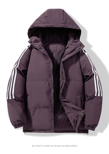 Detail view of purple hooded winter jacket showing white sleeve stripes and hem drawstring