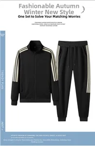 Men's black tracksuit set with zip jacket and striped sweatpants for sports and casual wear