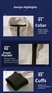 Dettaglio della giacca beige casual con colletto dritto, zip in metallo e polsini a costine