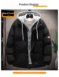 Detail of black hooded winter jacket with gray faux-two-piece lining and orange sleeve patch