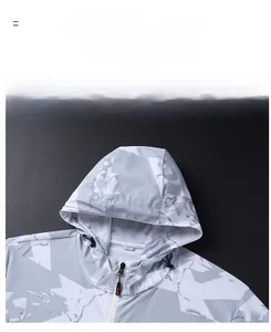 Detail view of the gray camouflage sun protection hoodie with adjustable drawstrings